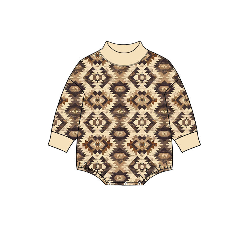 Preorder (moq 5) Baby Boy Clothes Western Navajo Geometric Mixed Print Long Sleeve Mock Neck Bodysuit