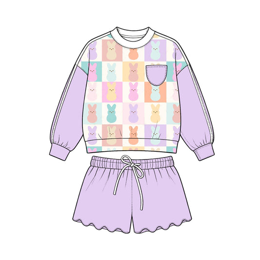 Preorder (moq 5) Girls’ All-Over Bunny Print Cropped Sweatshirt & Wavy Ruffle Shorts 2-Piece Sweet Light Purple Set