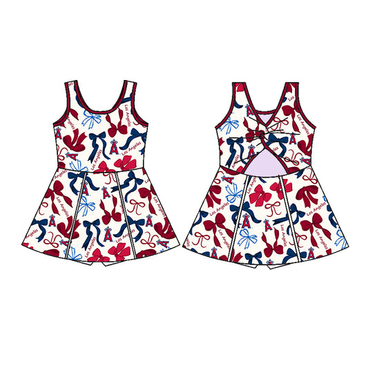 Preorder (moq 5)Baby Girls Blue Red Los Angel Bows Plaid Short Team Knee Length Dresses