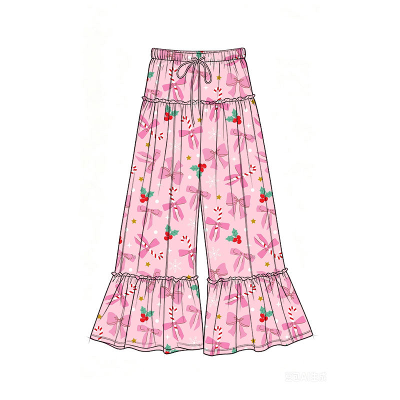 Preorder (moq 5)Baby Girls Bows Candy Cane Holly Christmas Bell Bottom Pants