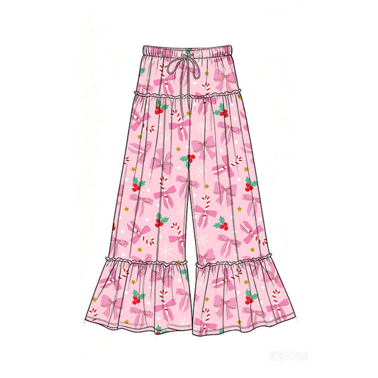 Preorder (moq 5)Baby Girls Bows Candy Cane Holly Christmas Bell Bottom Pants