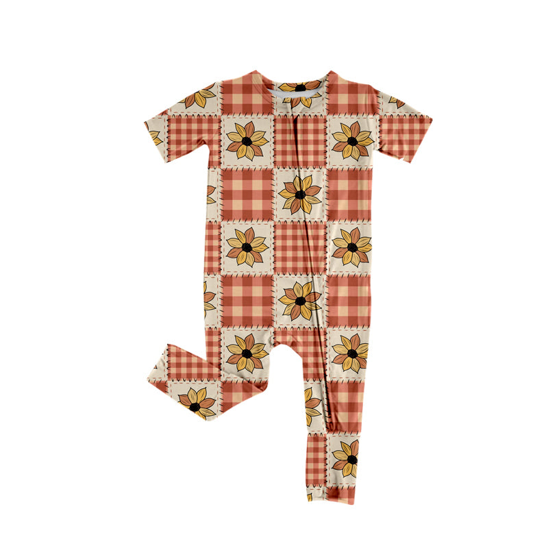 Preorder (moq 5)Baby Girls Short Sleeves Sunflowers Plaid Zipper Pant Rompers