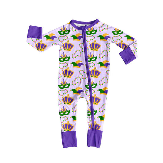 Preorder (moq 5)Baby Girls Mardigras Anchors Masks Zipper Footie Rompers