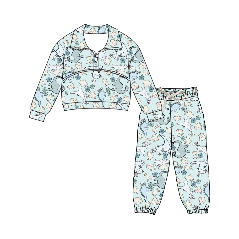Preorder (moq 5)Baby Girls Rabbit Dinosaur Flowers Zipper Top Joggers Easter Clothes Sets