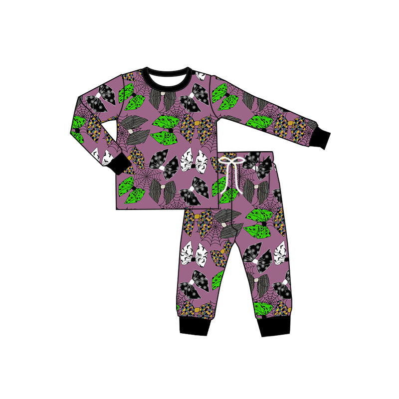 Preorder (moq 5)Baby Boys Long Sleeves Purple Bows Spider Web Top Pant Pajamas Set