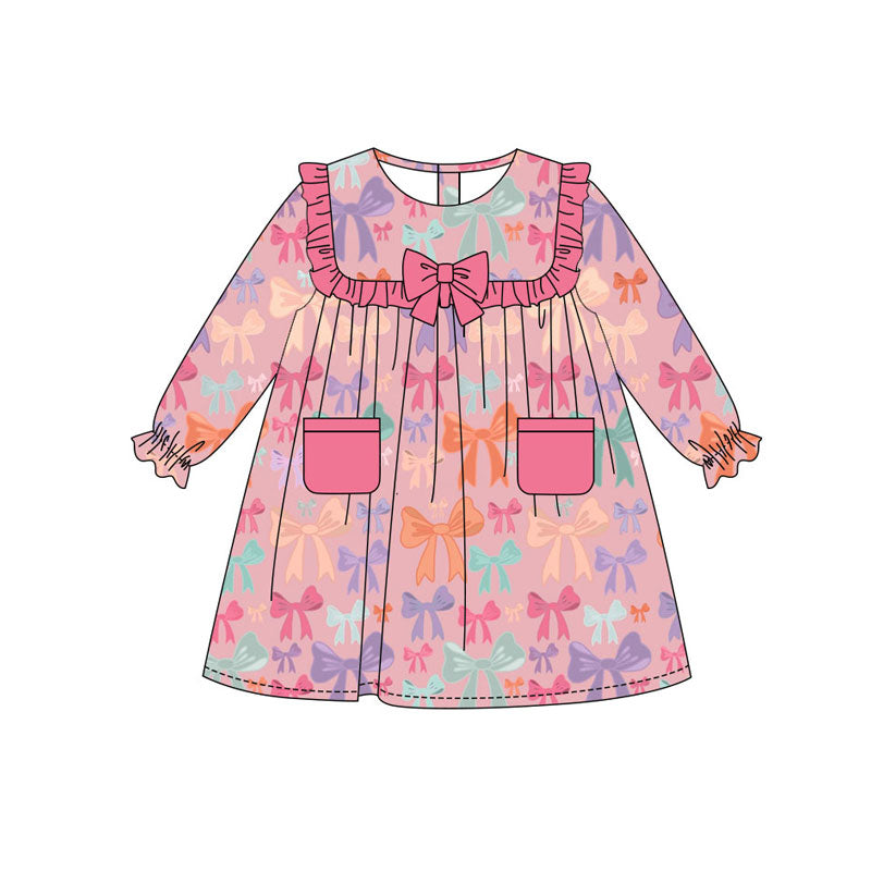 Preorder(moq 8)Baby Girls Colorful Bows Pockets Ruffle Sleeve Knee Length Dresses