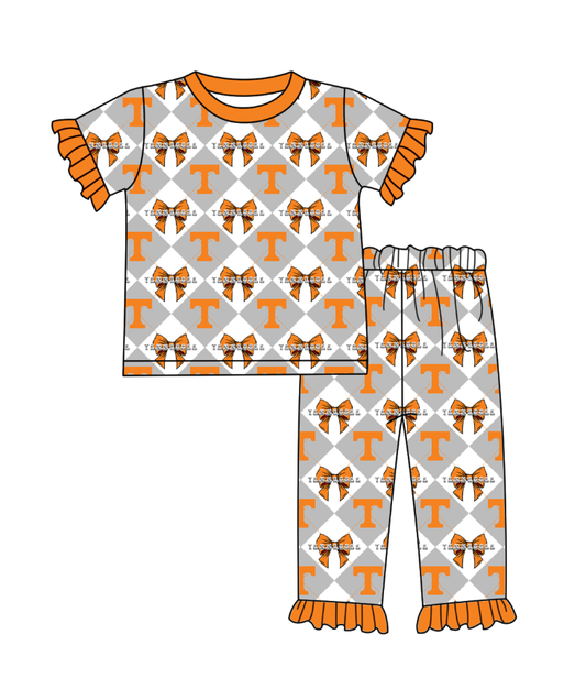 Preorder moq 5 Baby Girls Short Sleeve Tennessee Bows Top Ruffle Pants Team Clothes Set