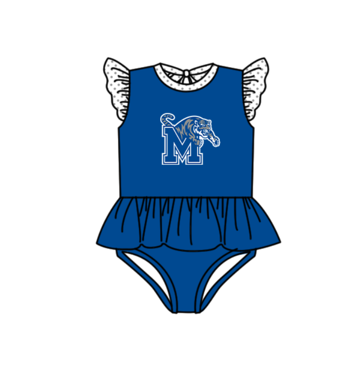 Preorder moq 5 Baby Girls Blue Flutter Sleeve M Tigers Team Swimsuits