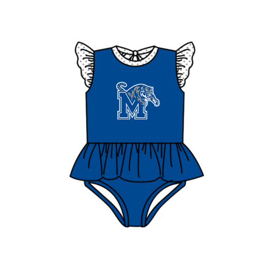 Preorder moq 5 Baby Girls Blue Flutter Sleeve M Tigers Team Swimsuits