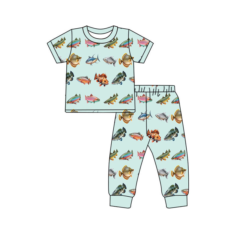 Preorder(moq 5) Baby Boys Fishes Plaid Top Pants Hunting Pajamas Sets