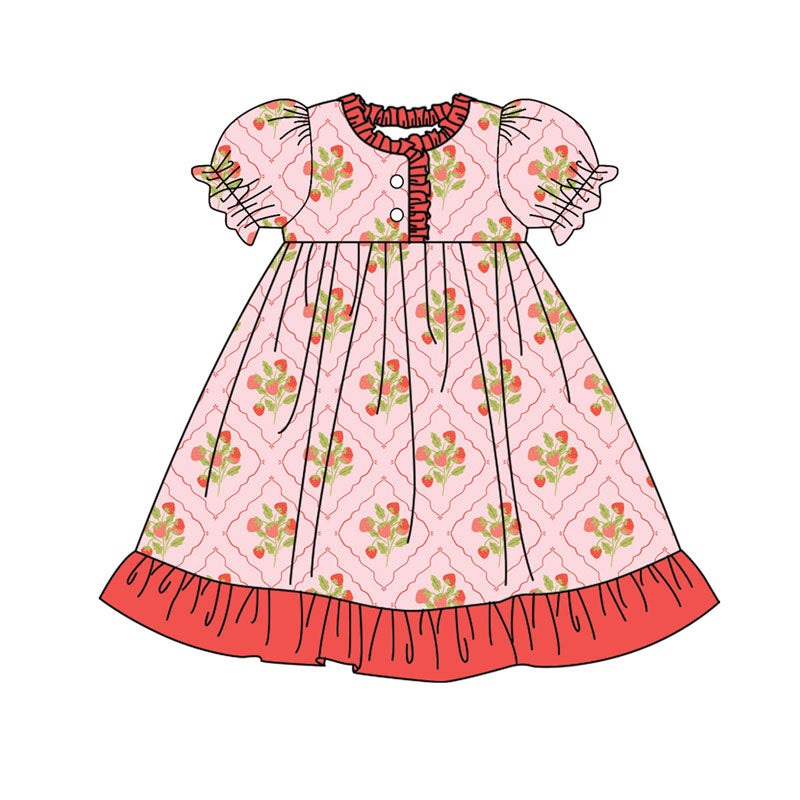 Preorder(moq 8)Baby Girls Strawberry Checked Button Ruffle Knee Length Dresses