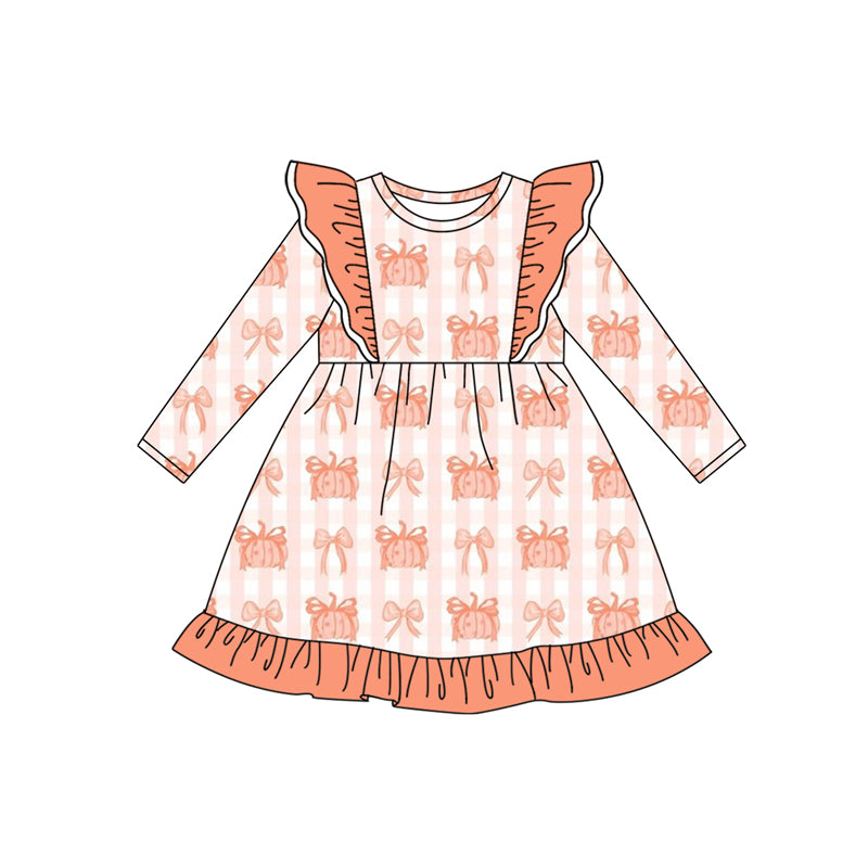 Preorder (moq 5)Baby Girls Long Sleeves Orange Bows Pumpkins Stripe Knee Length Dresses