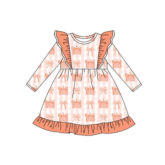 Preorder (moq 5)Baby Girls Long Sleeves Orange Bows Pumpkins Stripe Knee Length Dresses