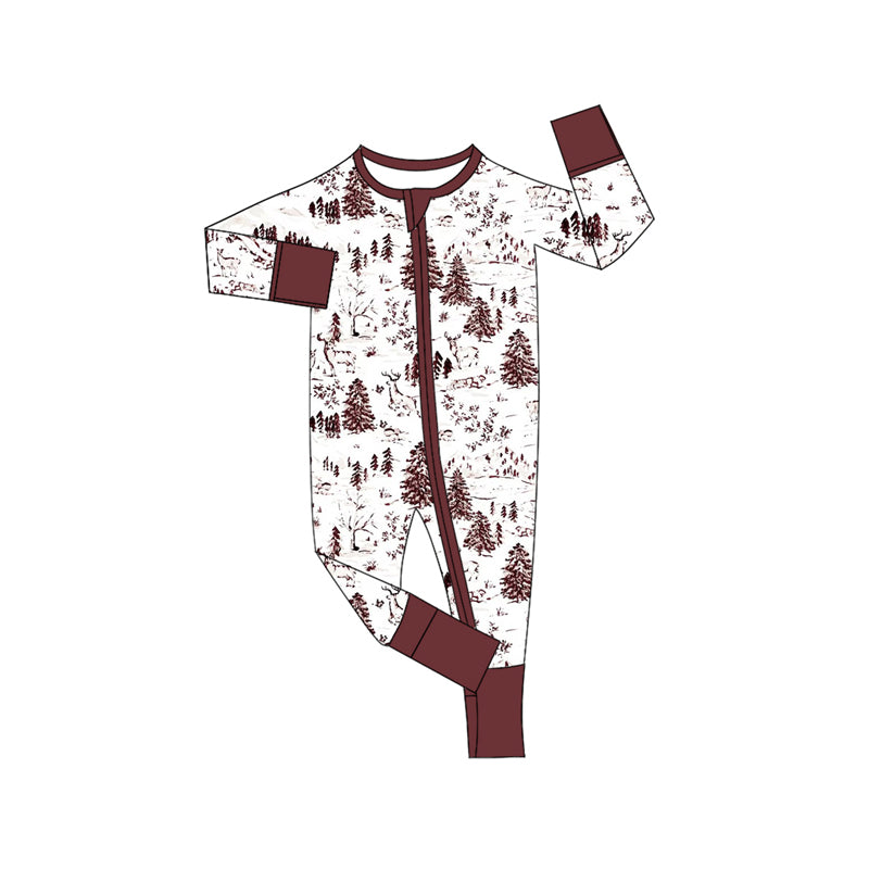 Preorder moq 5 Baby Infant Boys Long Sleeves Brown Deer Trees Zipper Rompers