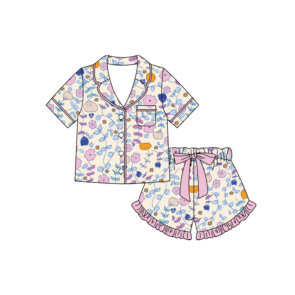 Preorder moq 5 Baby Girls Colorful Flowers Button Pocket Top Ruffle Shorts Pajamas Sets