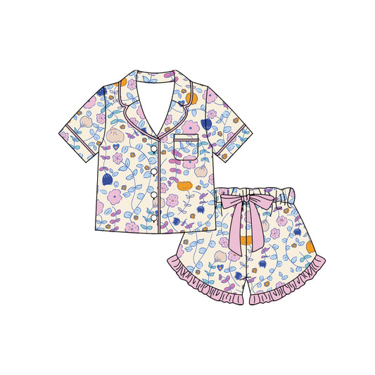 Preorder moq 5 Baby Girls Colorful Flowers Button Pocket Top Ruffle Shorts Pajamas Sets