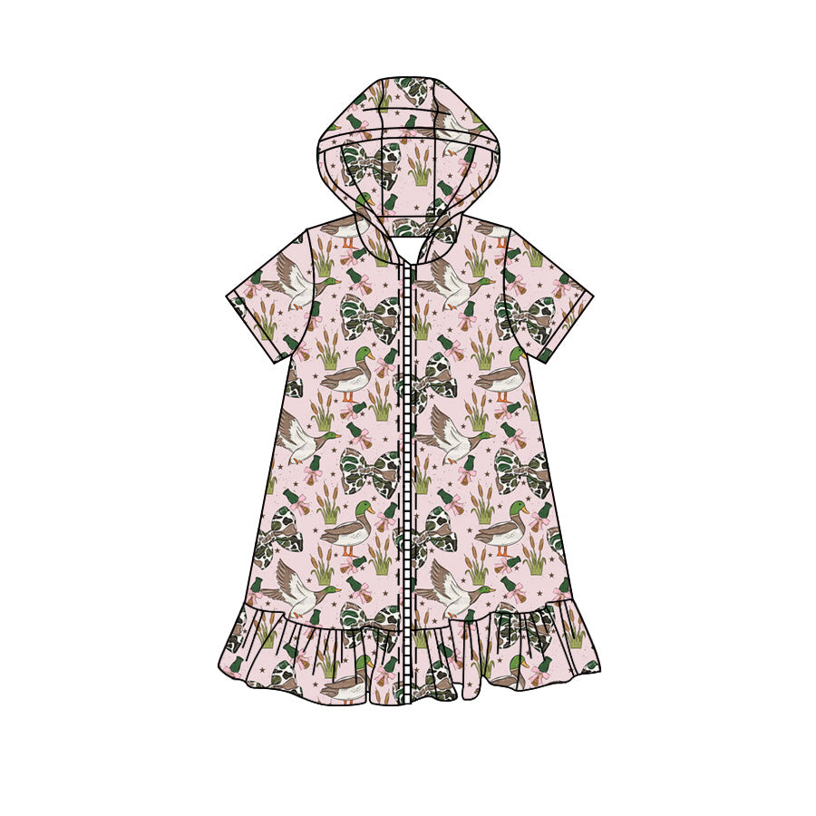Preorder moq 5 Baby Girls Green Camo Bows Ducks Fall Zip Ruffle Knee Length Dresses