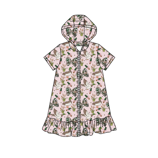 Preorder moq 5 Baby Girls Green Camo Bows Ducks Fall Zip Ruffle Knee Length Dresses