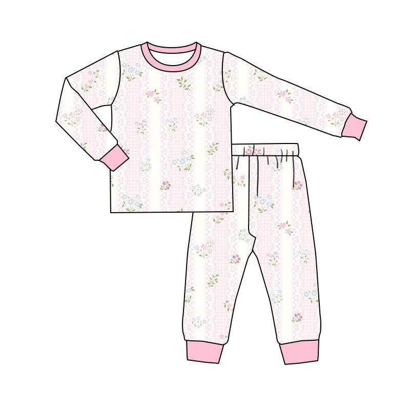 Preorder(moq 5) Baby Girls Long Sleeve Hearts Flowers Stripe Top Pants Pajamas Sets