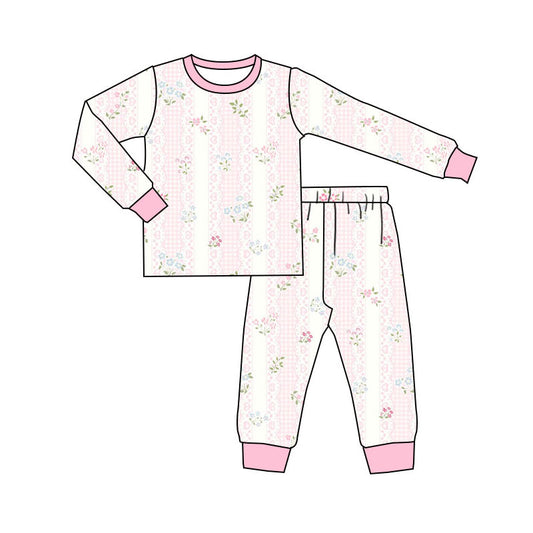 Preorder(moq 5) Baby Girls Long Sleeve Hearts Flowers Stripe Top Pants Pajamas Sets