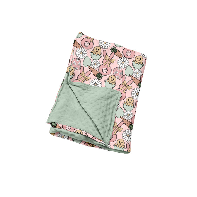 Preorder (moq 5) Baby Easter Bunny Chick Daisy Mixed Print Minky Dot Back Baby Swaddle Blanket