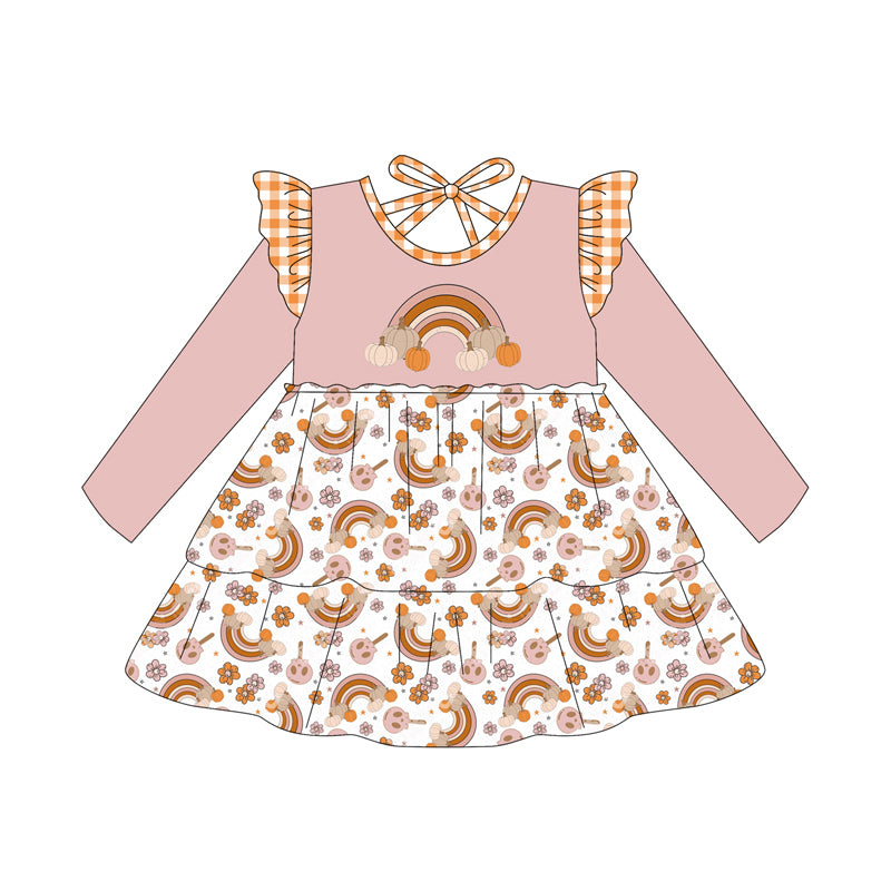 Preorder (moq 5)Baby Girls Long Sleeves Rainbows Pumpkins Flowers Knee Length Dresses