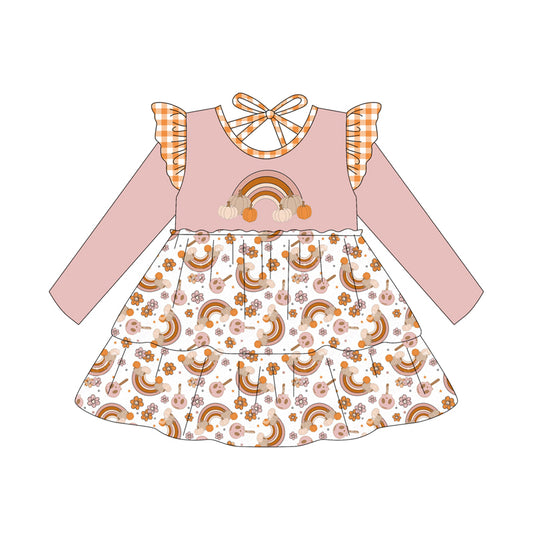 Preorder (moq 5)Baby Girls Long Sleeves Rainbows Pumpkins Flowers Knee Length Dresses