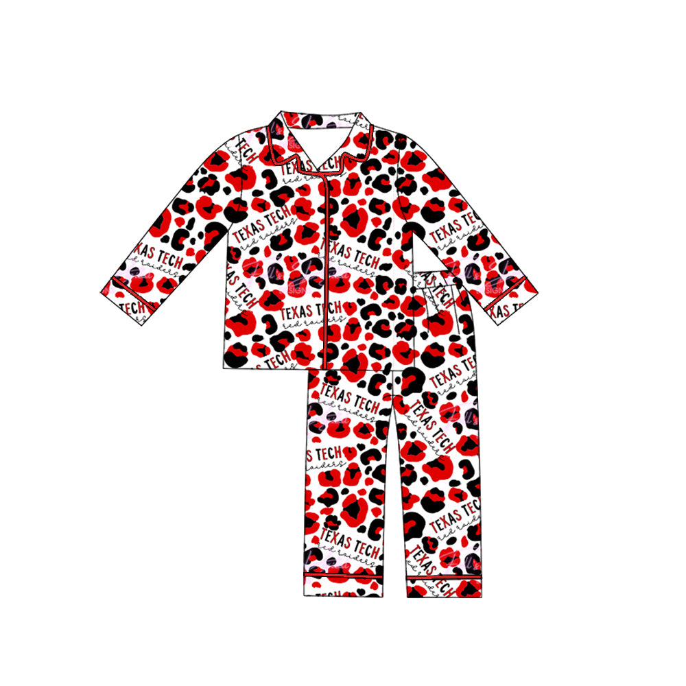 Preorder moq 5 Baby Boys Texas Tech Team Buttons Red Leopard Top Pants Pajamas Clothes Sets