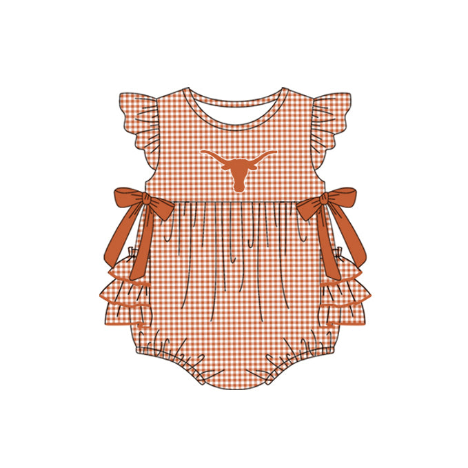 Preorder moq 5 Baby Girls Red Plaid Flutter Sleeves Bows Bull Skull Team Rompers