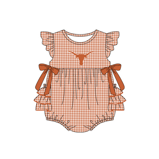 Preorder moq 5 Baby Girls Red Plaid Flutter Sleeves Bows Bull Skull Team Rompers