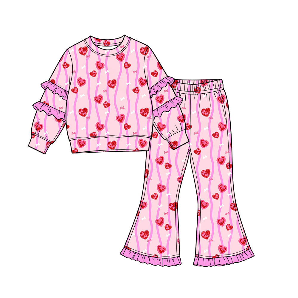 Preorder (moq 5) Baby Girl Clothes Striped Glitter Heart Allover Print Long Sleeve Tiered Ruffle Top Ruffle Flare Pant Set