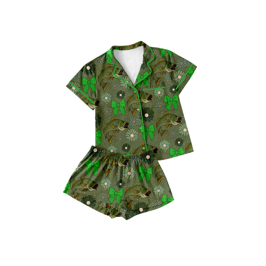 Preorder (moq 5)Baby Girls Fishing Bows Lapel Button Shirt Top Shorts Pajamas Outfits