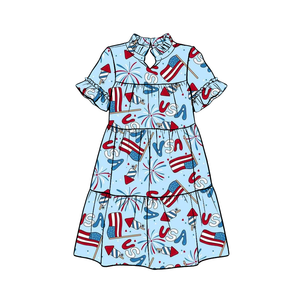 Preorder (moq 5)Baby Girls Flag Fireworks USA 4th of July Patchwork Knee Length Dresses
