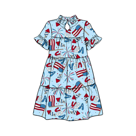 Preorder (moq 5)Baby Girls Flag Fireworks USA 4th of July Patchwork Knee Length Dresses
