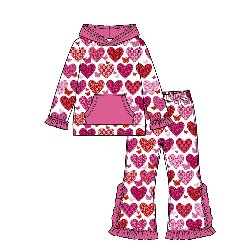 Preorder (moq 5) Baby Girl Clothes Valentine Lace Heart Butterfly Print Long Sleeve Hoodie Flare Pant Set