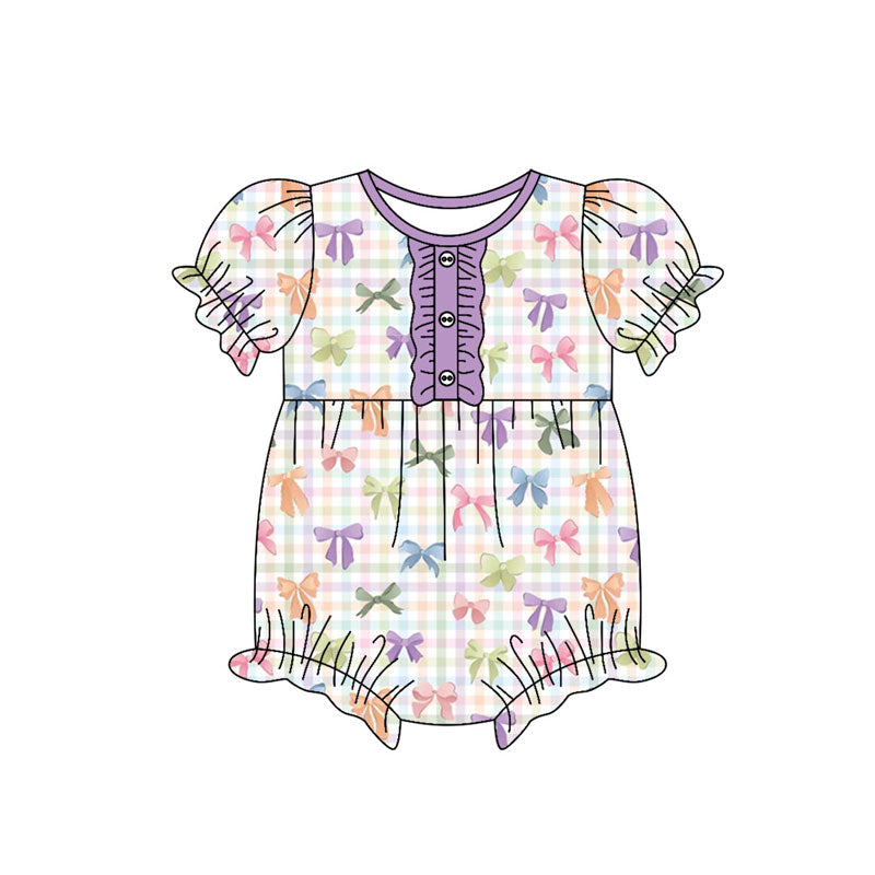 Preorder(moq 8)Baby Girls Colorful Checked Bows Button Ruffle Rompers