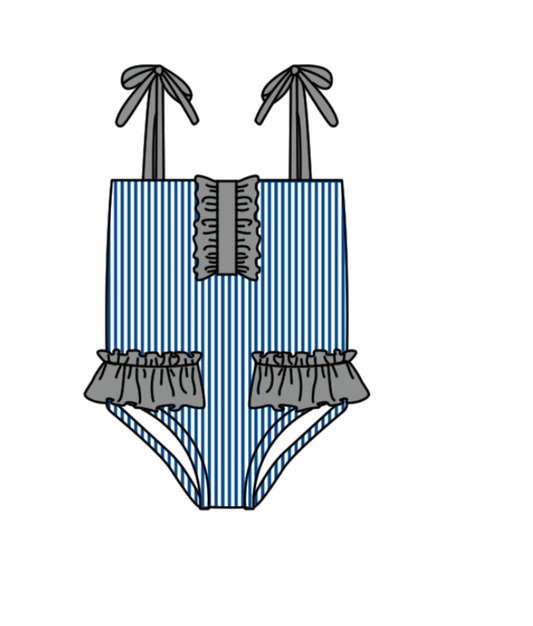 Preorder moq 5 Baby Girls Strap Blue Stripe Team Swimsuits