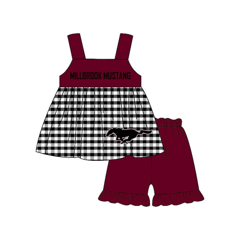 Preorder moq 5 Baby Girls Millbrook mustang Ruffle Shorts Team Clothes Set