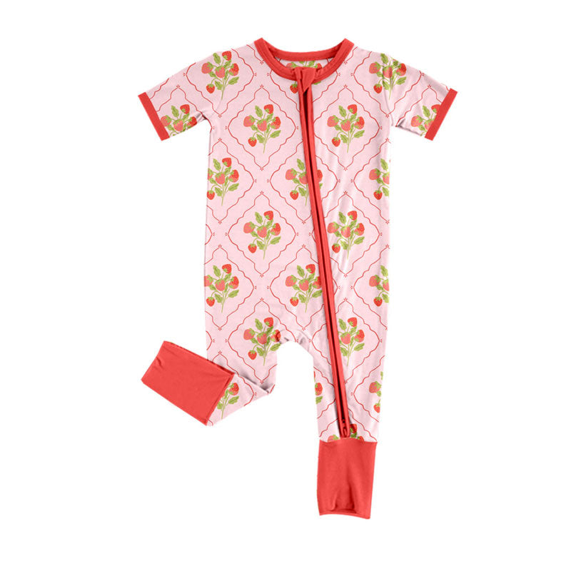 Preorder (moq 8)Baby Girls Strawberry Checked Zipper Footie Rompers