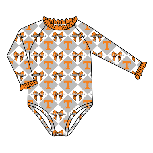 Preorder (moq 5)Baby Girls Long Sleeve Tennessee Bows Checked Team Ruffle Rompers