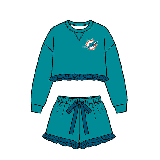 Preorder (moq 5)Baby Girls Green Long Sleeve Dolphins Top Ruffle Short Team Clothes Set