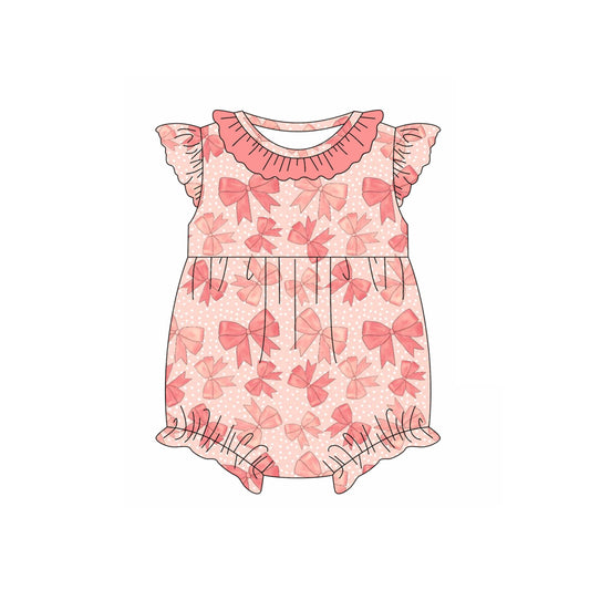 Preorder moq 5 Baby Girls Pink Flutter Sleeves Bows Polka Dots Ruffle Rompers