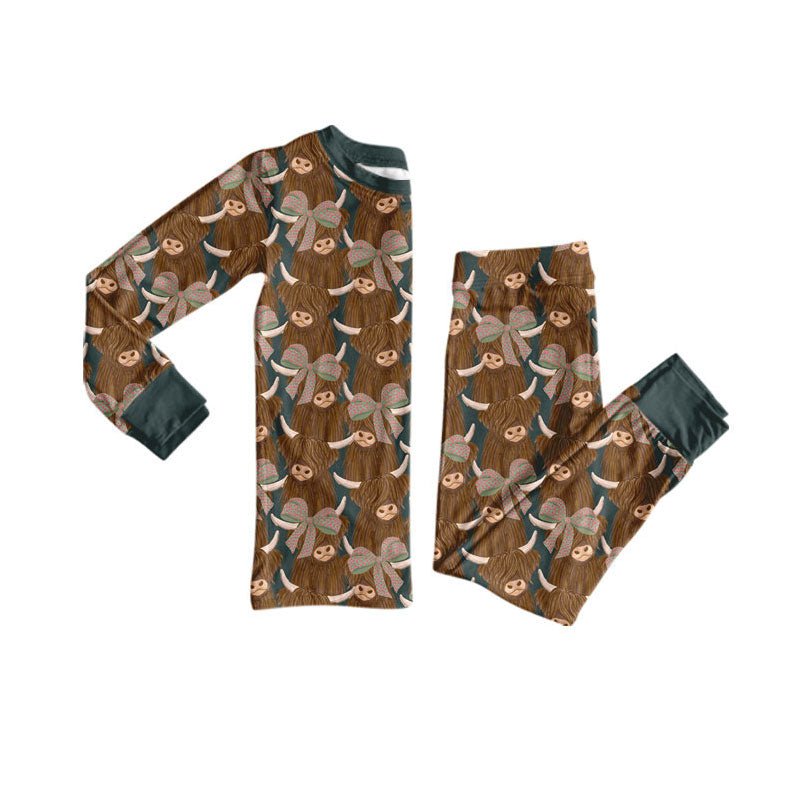 Preorder (moq 5)Baby Girls Long Sleeve Highland Cows Top Pant Western Pajamas Sets