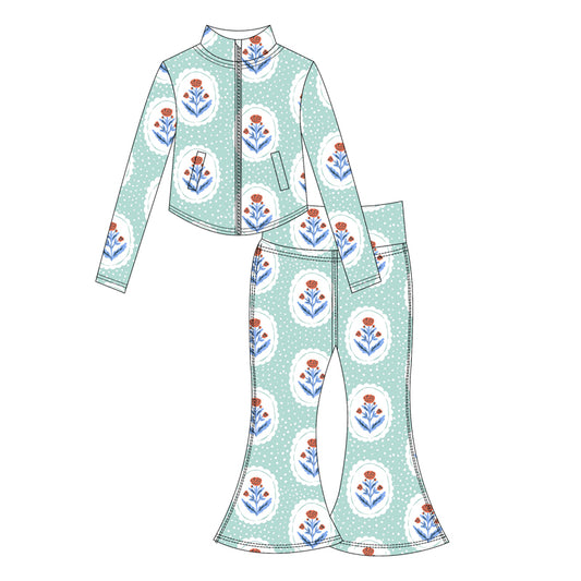 Preorder moq 10 Baby Girls Green Long Sleeves Flowers Plaid Pockets Zipper Top Bell Bottom Pant Activity Wear Yoga Set