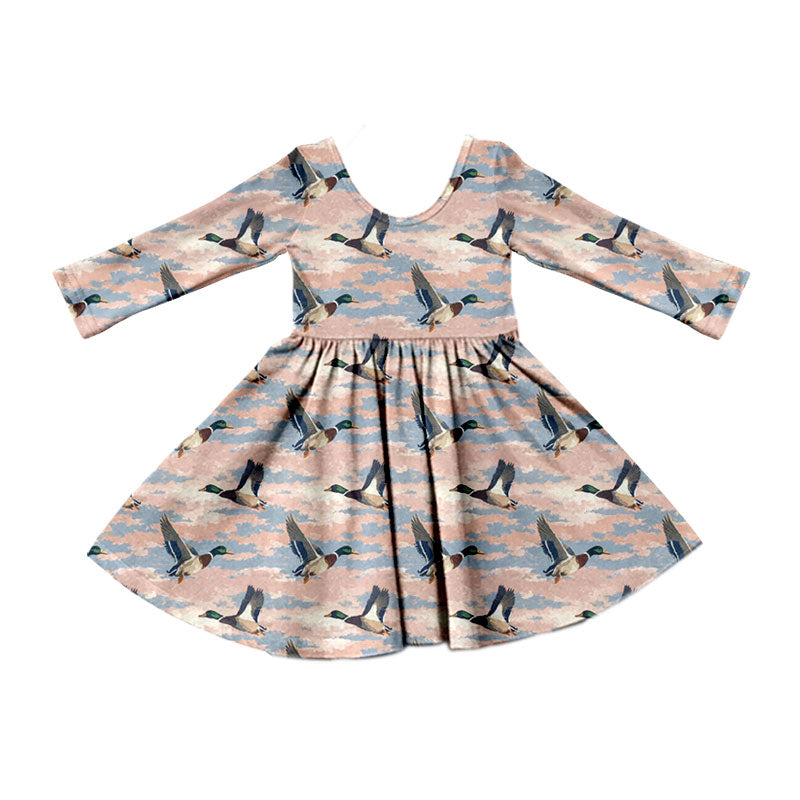 Preorder (moq 5) Baby Girl Clothes Mallard Duck Sky Camo Print Long Sleeve Twirl Dress