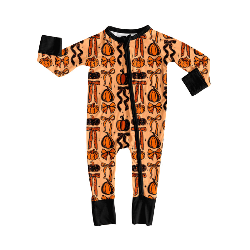 Preorder moq 5 Baby Infant Boys Long Sleeves Bows Pumpkins Plaid Zipper Rompers