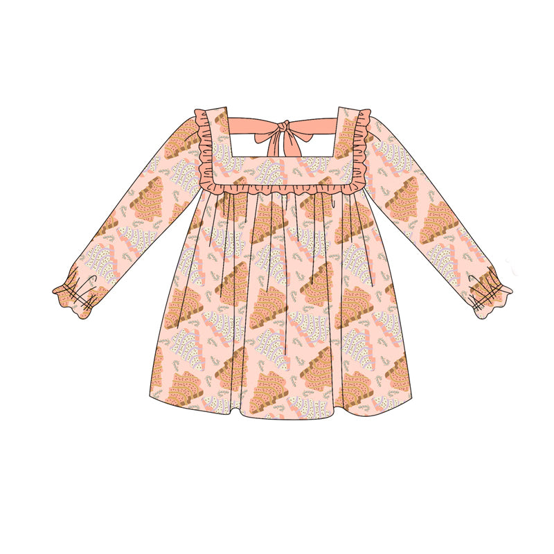 Preorder (moq 5)Baby Girls Peach Long Ruffle Sleeves Trees Plaid Knee Length Dresses