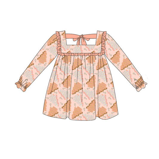 Preorder (moq 5)Baby Girls Peach Long Ruffle Sleeves Trees Plaid Knee Length Dresses