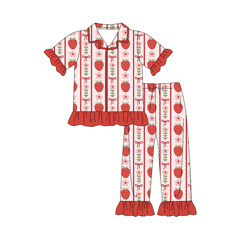 Preorder(moq 8)Baby Girls Strawberry Bows Flowers Stripe Top Ruffle Pants Pajamas Sets