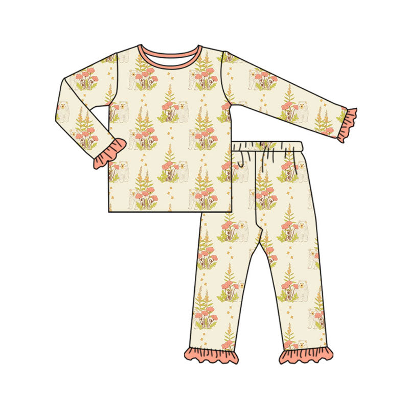 Preorder(moq 5) Baby Girls Long Sleeve Bears Flowers Top Ruffle Pants Pajamas Sets